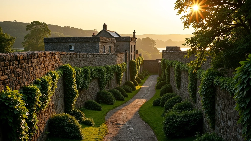 Stone medieval rampart walls with ivy, overlook of ancient town fortifications in golden afternoon light