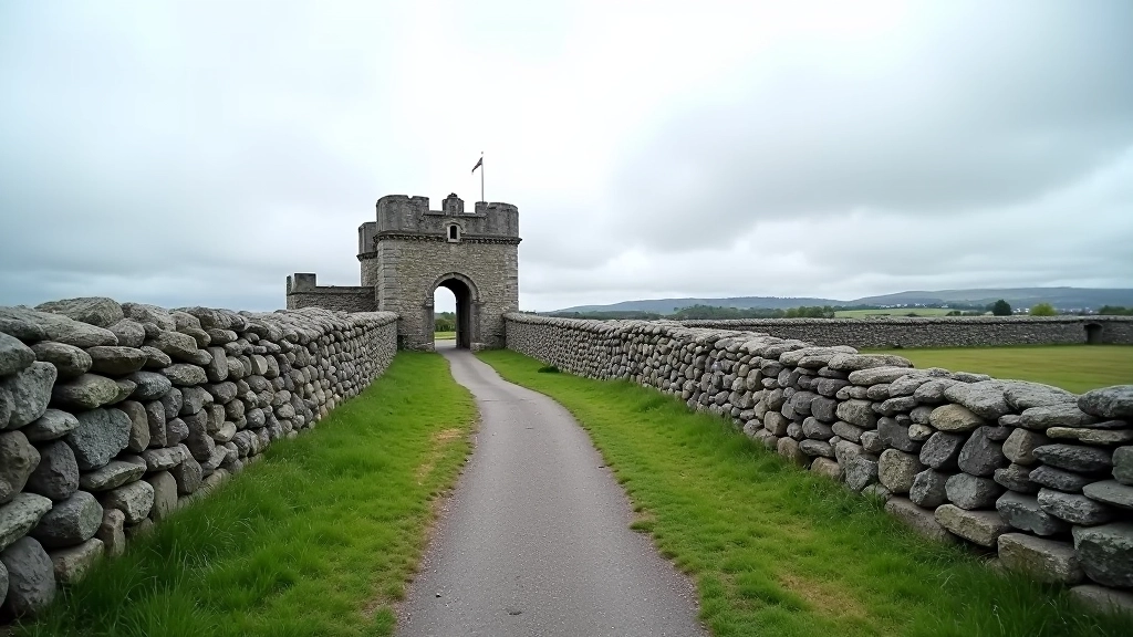 Historic stone tower and rampart structure with walking trail path in foreground
