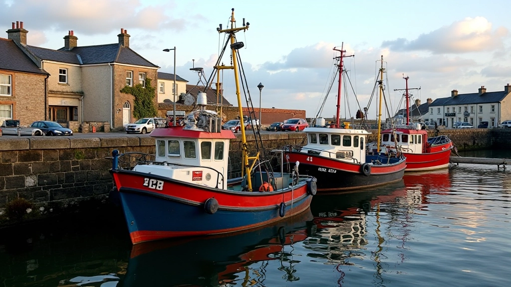 Working fishing trawlers moored at Dunmore East quay with weathered stone harbour wall and fishing nets visible
