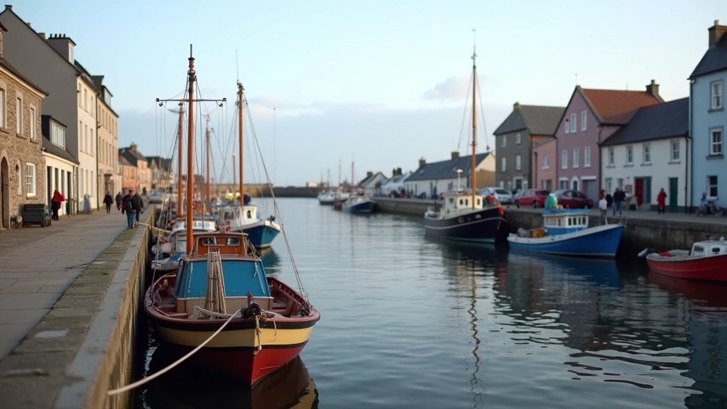 Active harbour quay with traditional boats and maritime activity