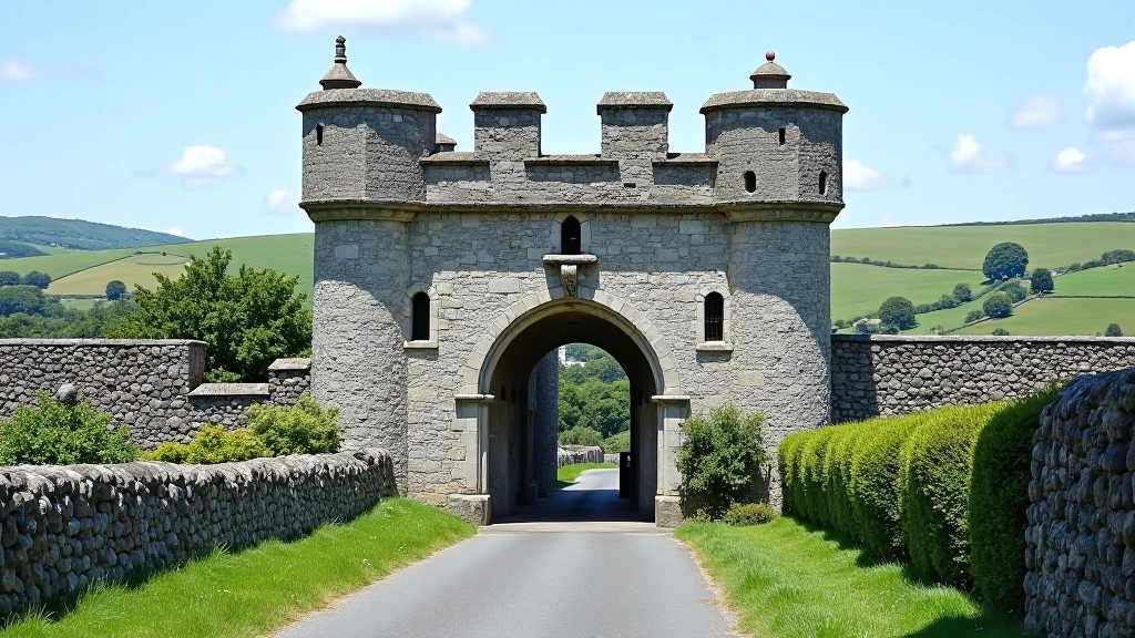 Historic stone gatehouse entrance to walled town, weathered medieval architecture, green landscape beyond gate