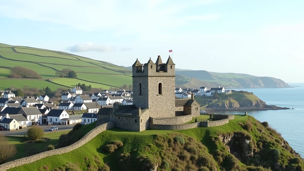 Historic stone church tower rising above Dunmore East village with traditional Irish coastal architecture and green hillside