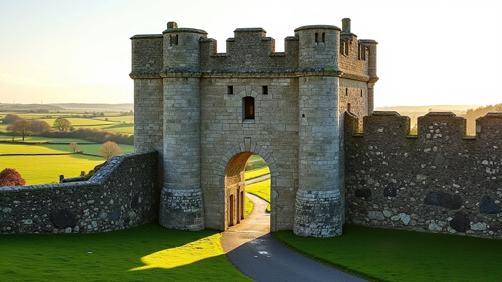 Weathered historic gatehouse with stone architecture and green countryside
