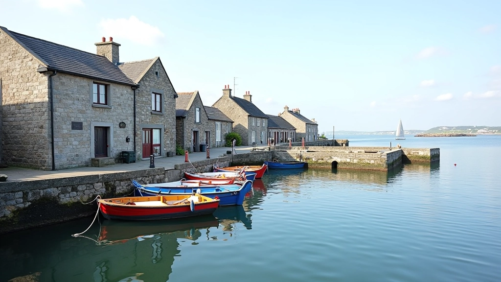 Scenic coastal quay with traditional fishing boats, historic harbour buildings, calm water reflecting sky