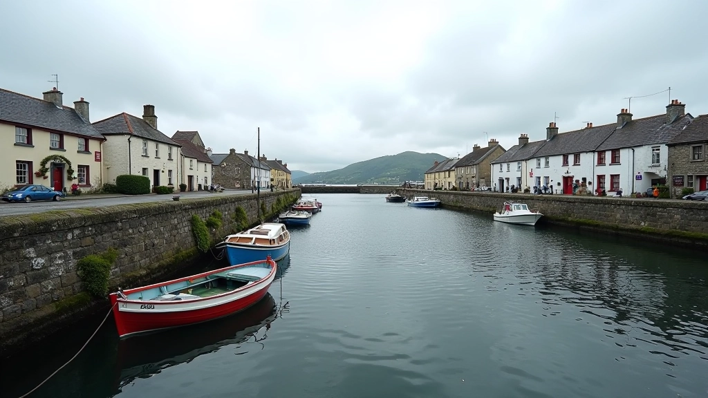 Coastal harbour view with historic quay structures and traditional fishing boats