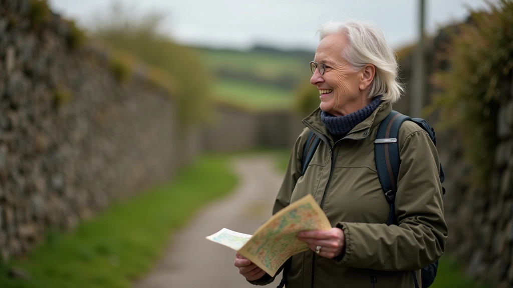 Mature visitor consulting map while standing on heritage walking trail with stone walls