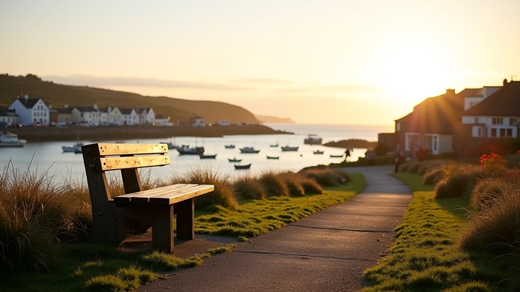 Scenic coastal viewpoint with bench overlooking Dunmore East harbour and fishing boats at sunset with golden light